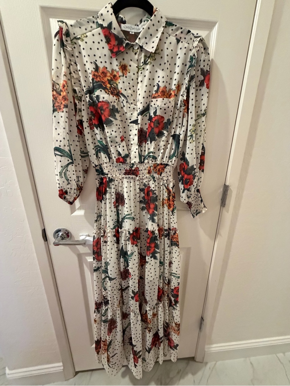 Chicwish Cream Maxi Dress with Red Floral Print and Black Polka Dots